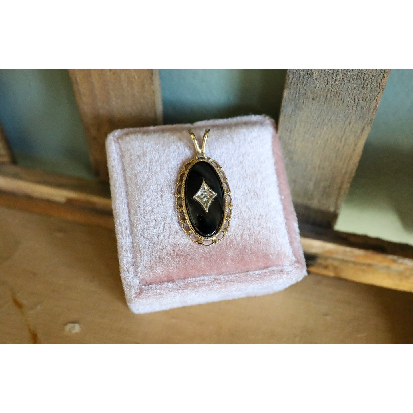 Vintage Late Art Deco 10K Yellow Gold Chain and 10K Yellow Gold Onyx and Diamond Pendant