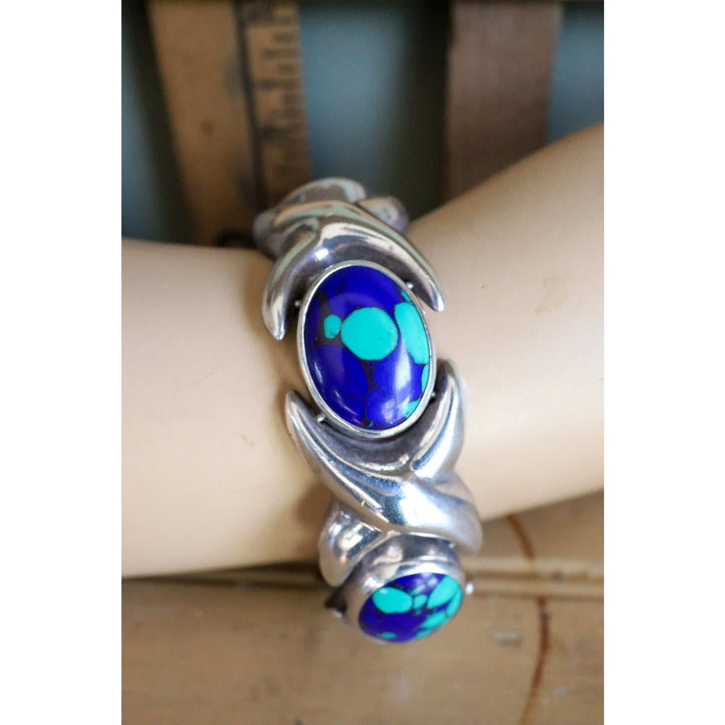 Vintage Sterling Silver Mexican XO Link Bracelet Set with Azurite-Malachite