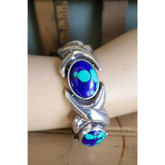 Vintage Sterling Silver Mexican XO Link Bracelet Set with Azurite-Malachite