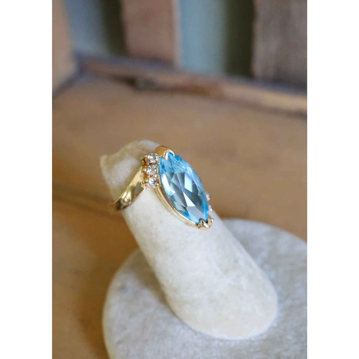 Vintage 10K Yellow Gold Marquis Cut Blue Topaz and Diamond Ring