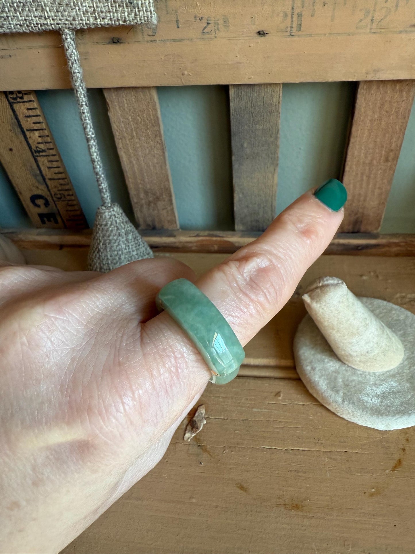 Vintage Solid Green Jade Ring with 14K Accents Size 11