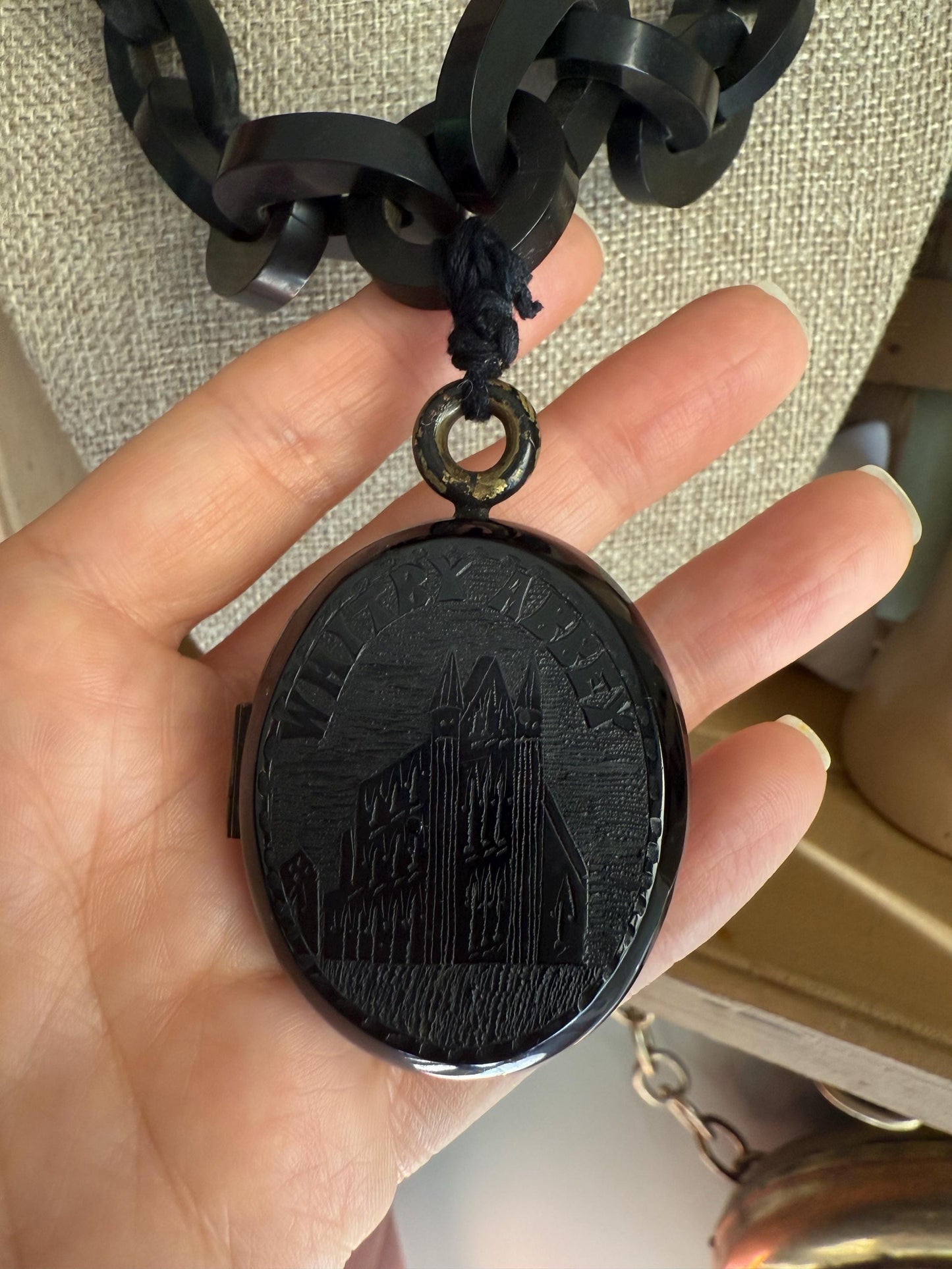 Antique Victorian Hand Carved Whitby Jet Huge Locket on Chain