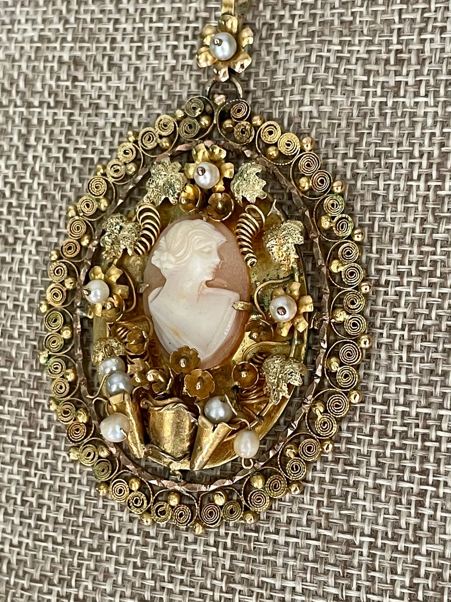 Vintage 1930-1950's Spun 14K Yellow Gold Hand Made Pendant Featuring a Shell Cameo and Pearls