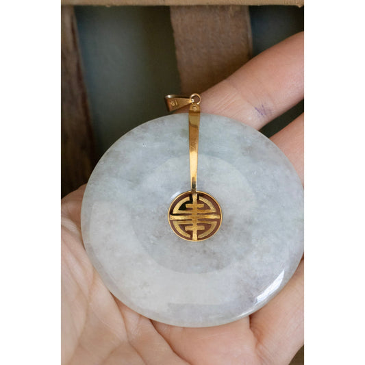 Huge 14K Yellow Gold Jade Donut Longevity Pendant