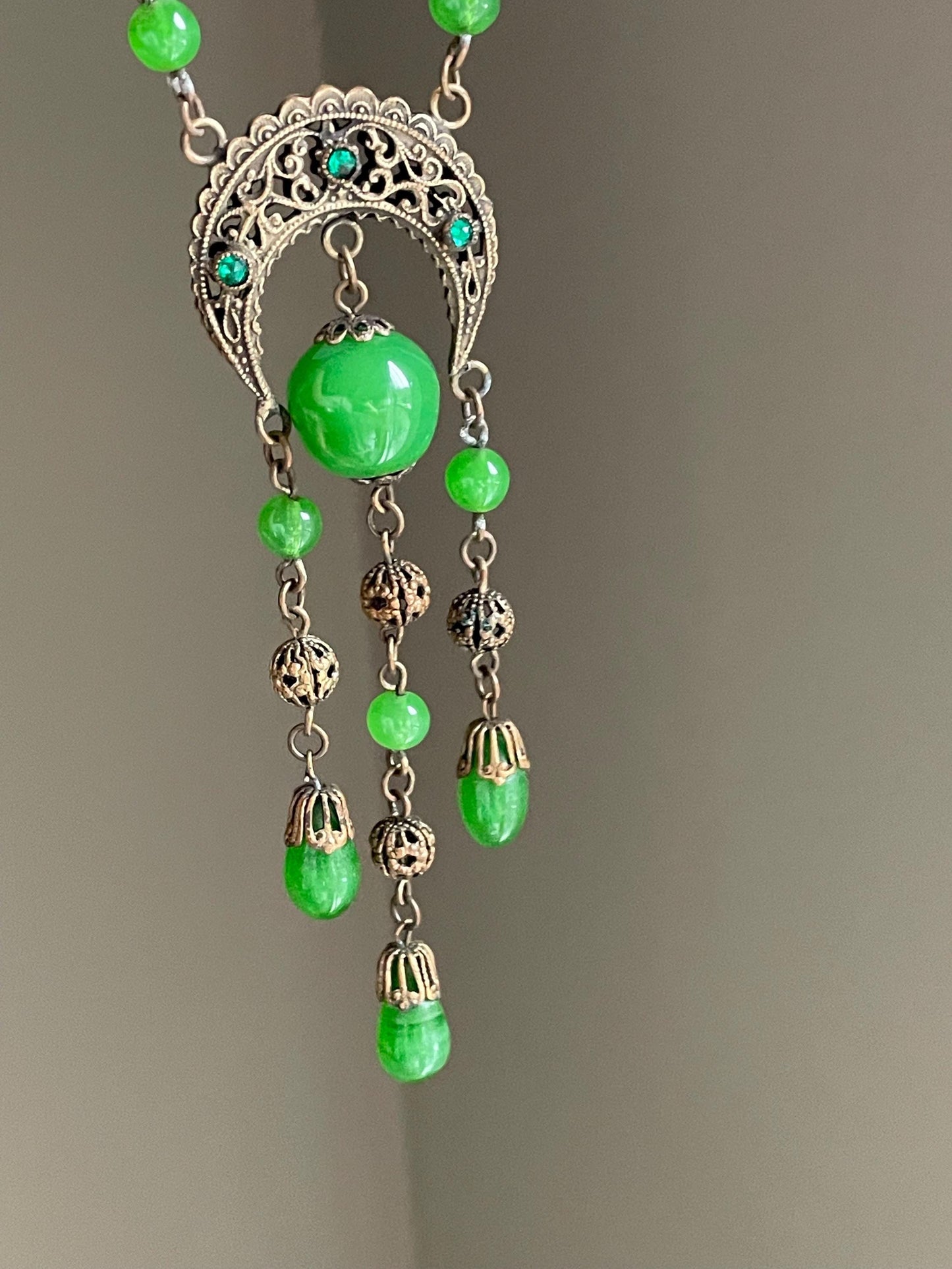 Pick A Turn of the 20th Century Edwardian Czechoslovakian Green Glass Dangle Necklace