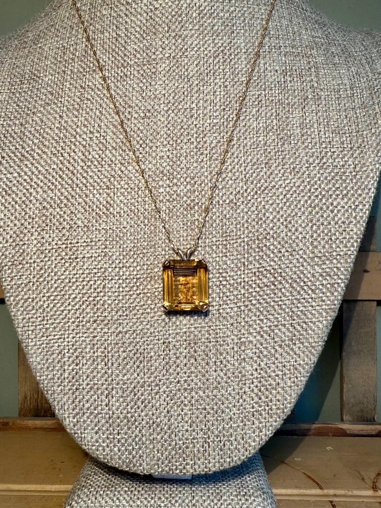A Vintage 14K Yellow Gold Rectangle Cut Citrine on a 14K Chain
