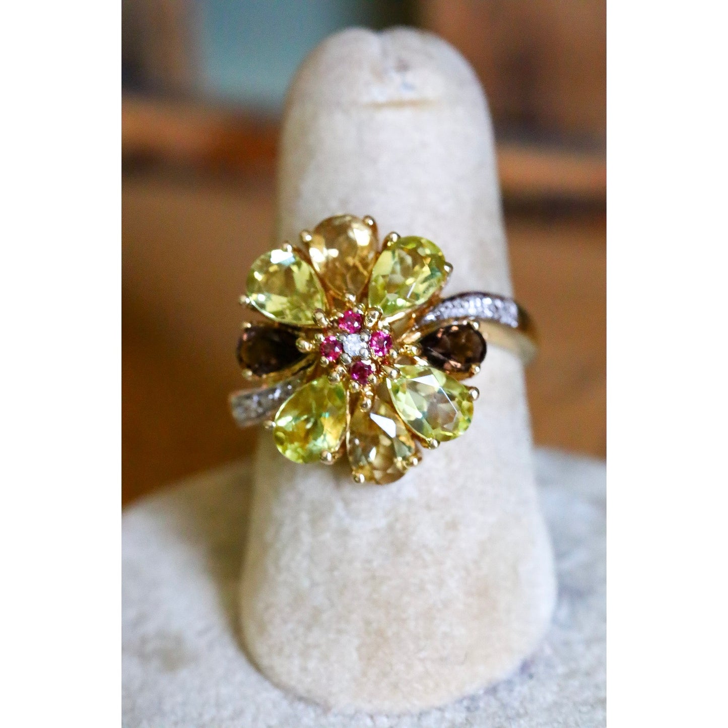 Unique Vintage Multi-Hue Citrine, Ruby and Diamond 10K Yellow Gold Ring