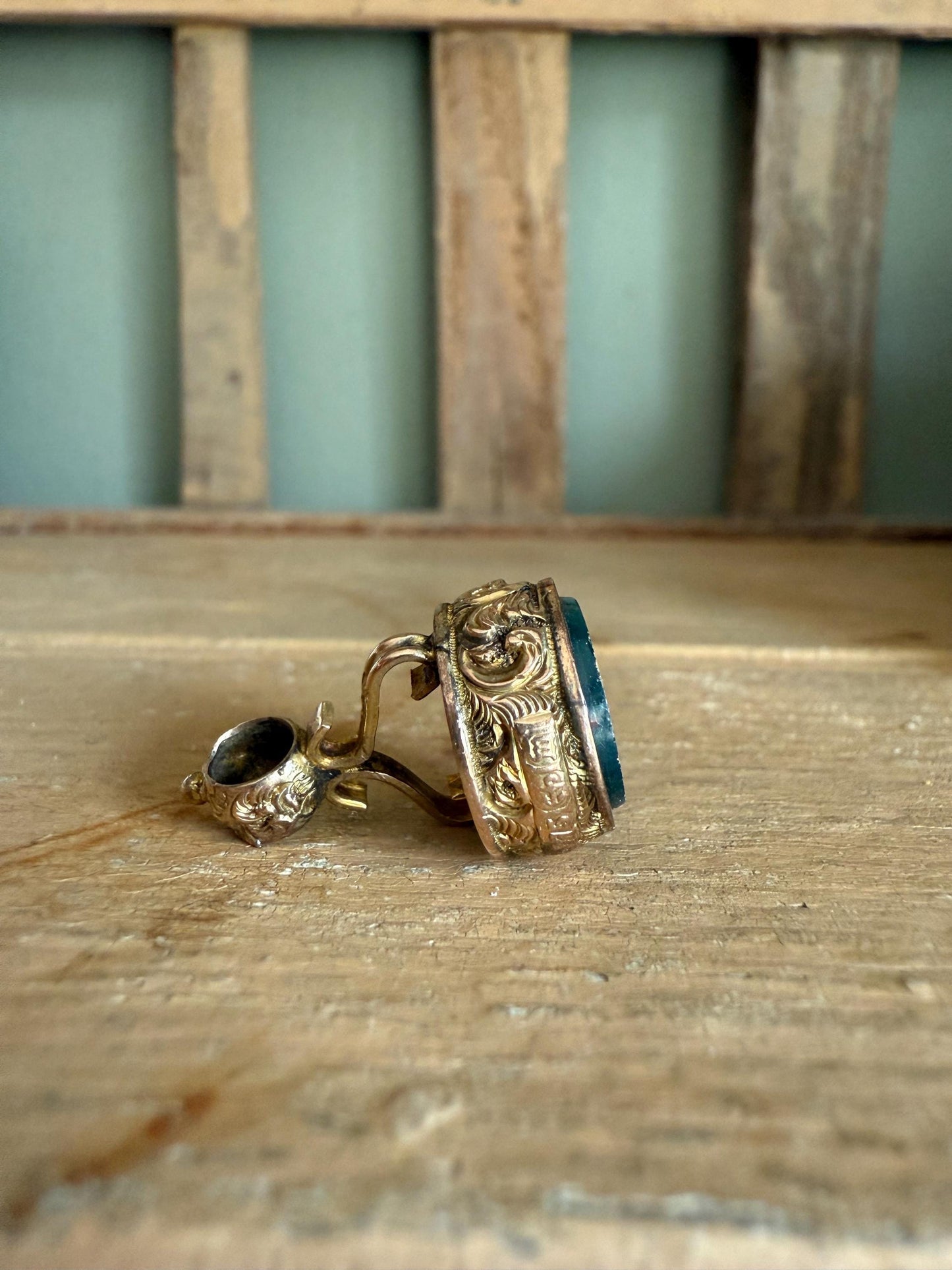 Antique Victorian English 9K Yellow Gold Hand Chased Bloodstone Watch Fob Pendant Charm 1886