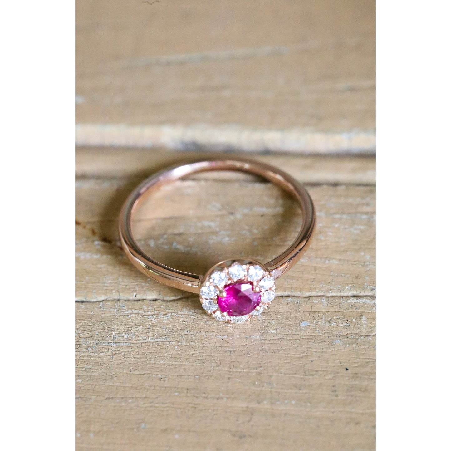 14K Rose Gold Natural Ruby and Diamond Halo Ring