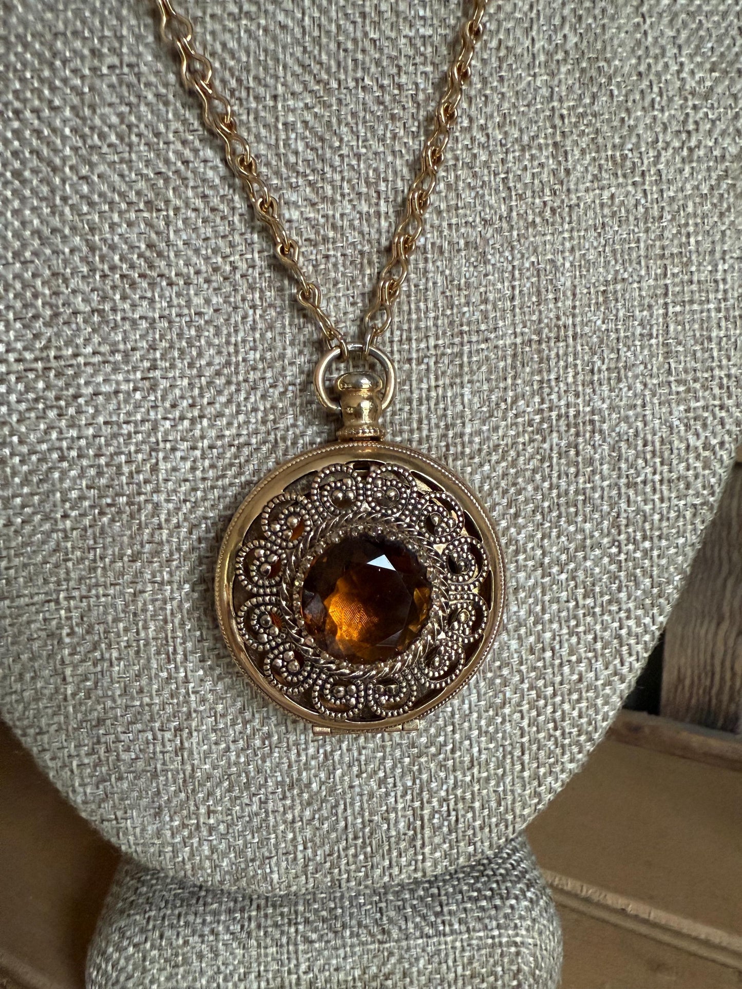 c1970 Costume Round Glass Citrine Like Stone Set Locket on Long Chain