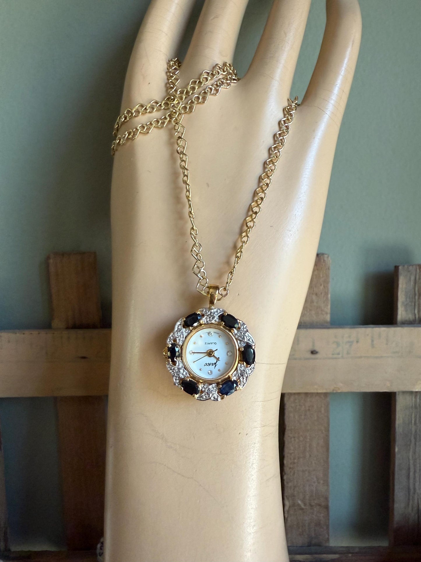 Vintage Sterling with Gold Overlay Jasso Sapphire Working Watch Pendant on Sterling Chain