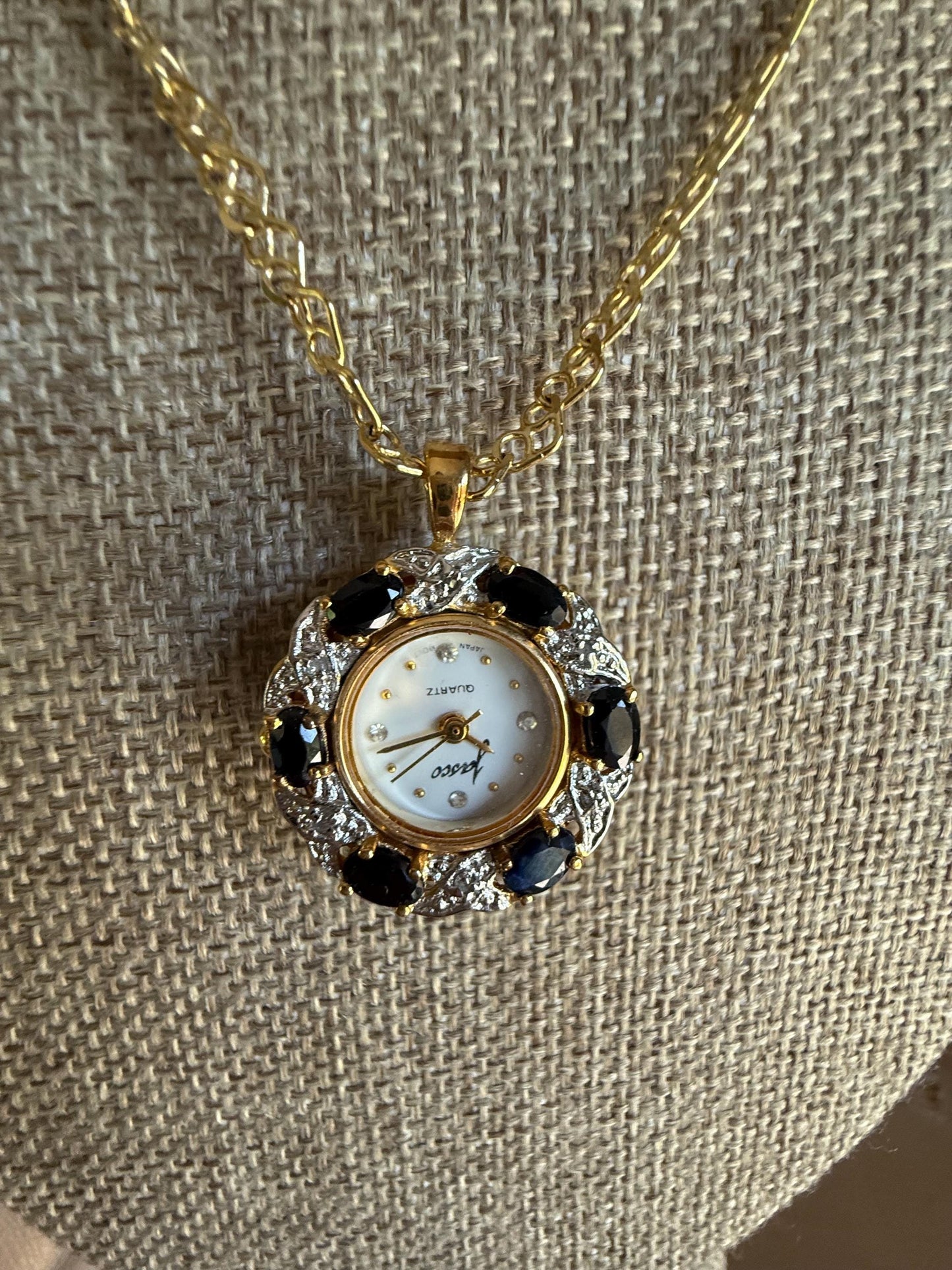 Vintage Sterling with Gold Overlay Jasso Sapphire Working Watch Pendant on Sterling Chain
