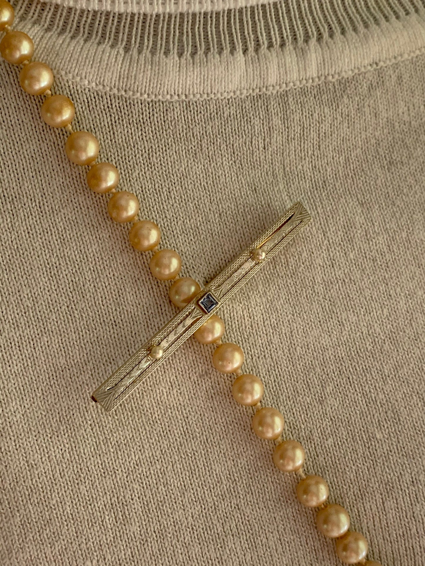 c1920 14K Yellow Gold Allsopp - Bliss Topaz Seed Pearl Bi-Color Bar Brooch
