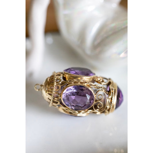 1960's Handmade 14K Yellow Gold Etruscan Revival Amethyst Pendant Charm