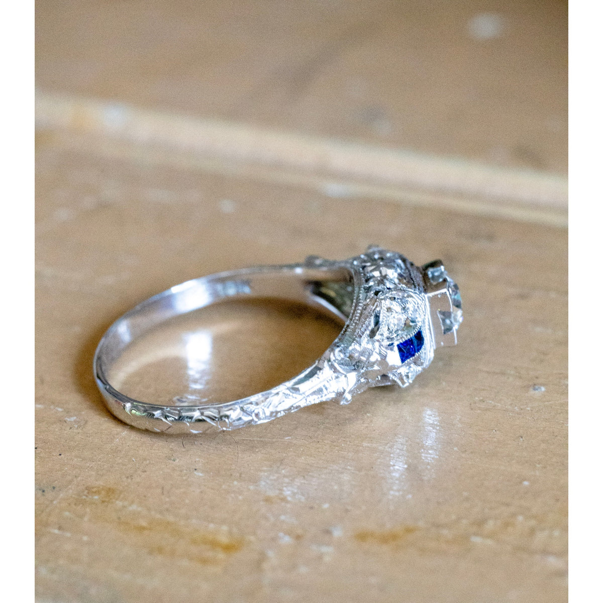 1930-1940 18K White Gold Round Old European Cut Natural Diamond and Synethic Sapphire Authentic Art Deco Ring