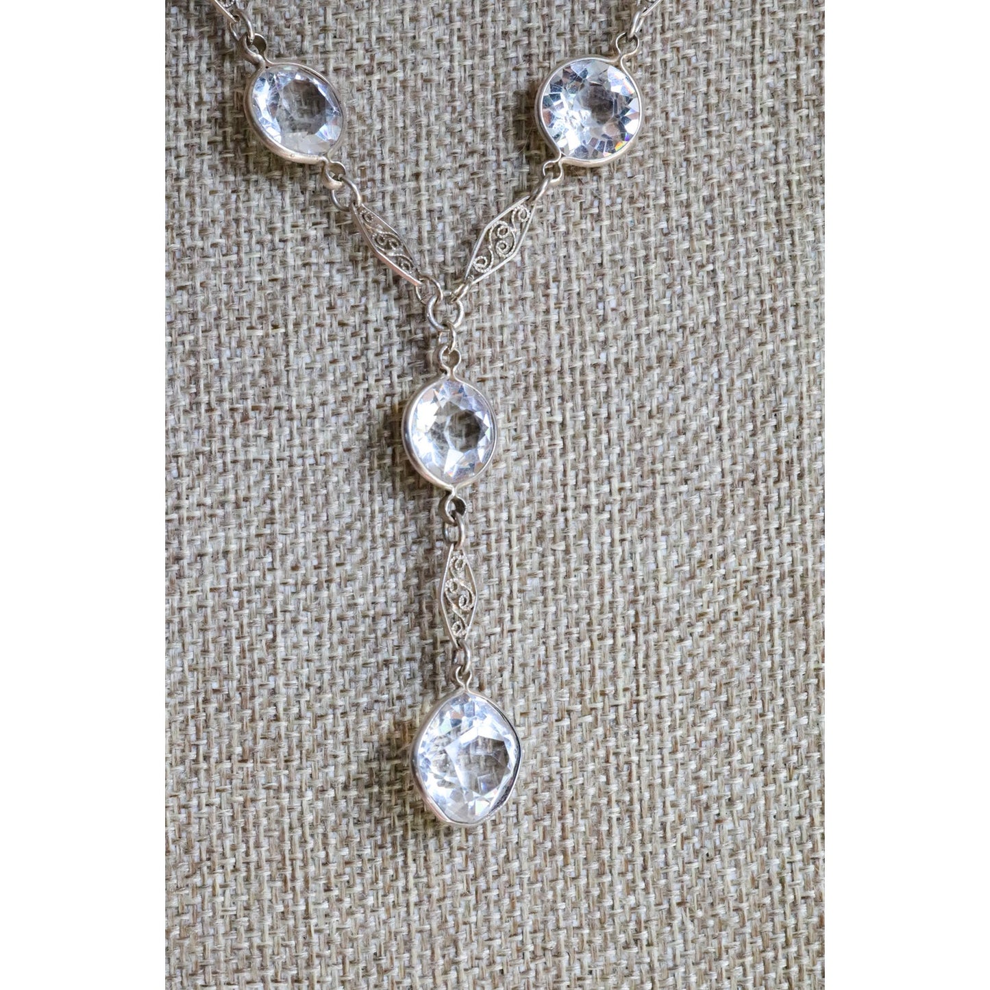 C1920 Rhodium Plated Art Deco Cut Crystal Dangle Necklace