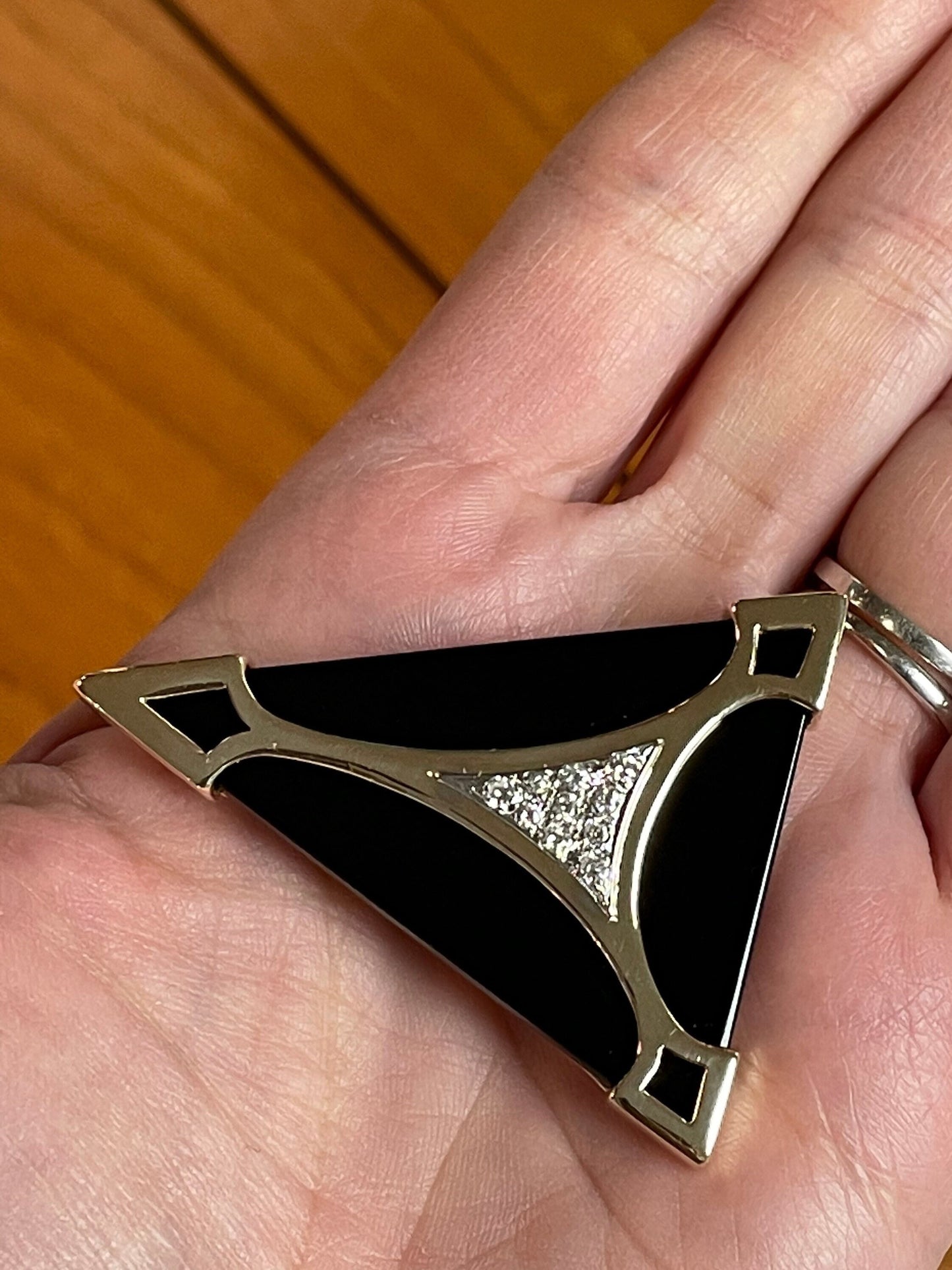 Fine 1980's 14K Gold Brooch with Onyx and Pave Set Diamonds