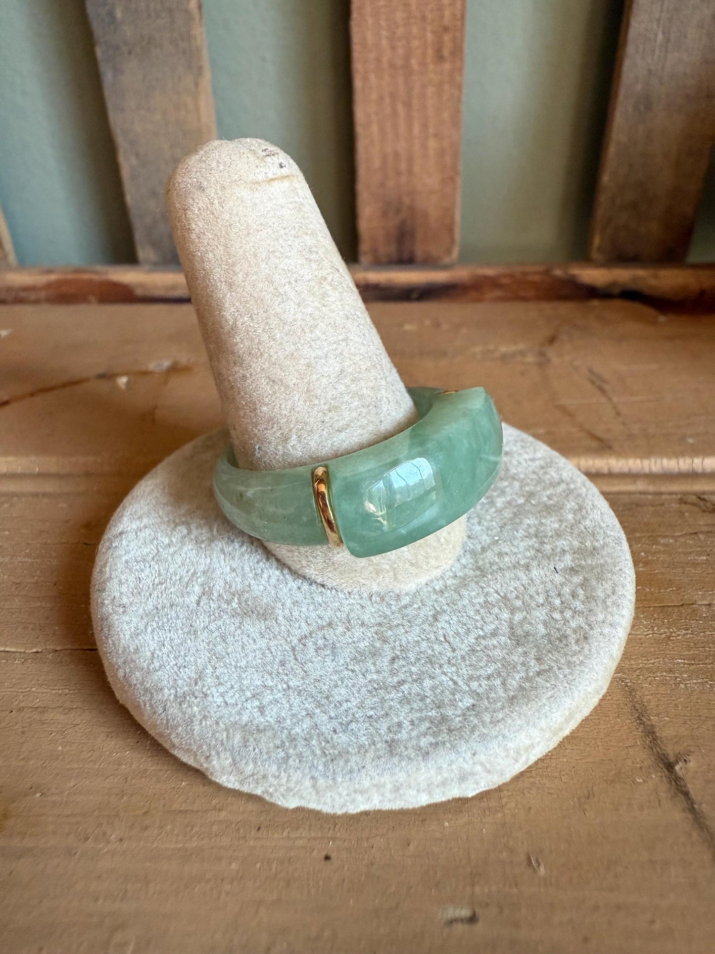 Vintage Solid Green Jade Ring with 14K Accents Size 11