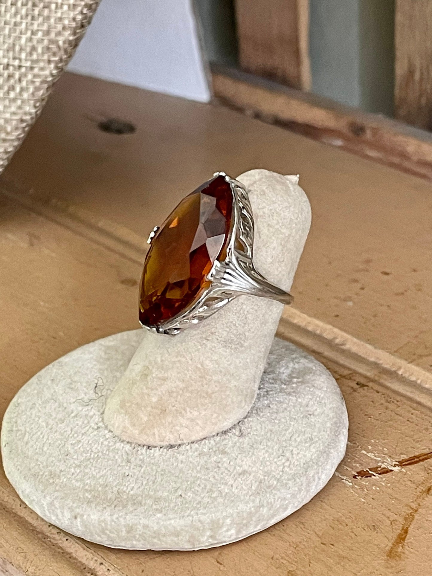 1920-1930 Art Deco Sterling Silver Glass Marquis Citrine Color Glass Ring