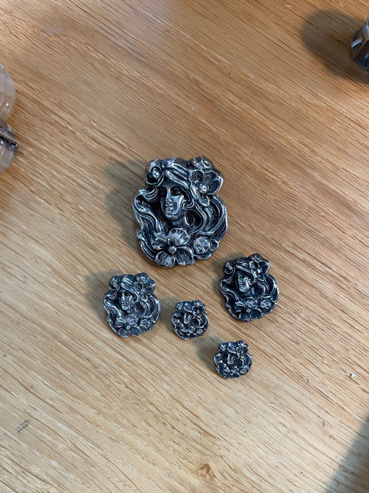 Art Nouveau Sterling Silver Five Piece Brooch Set Lady with Poppies