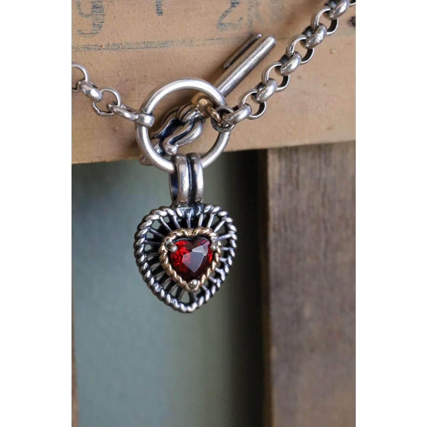 Vintage Ross Simons Sterling Silver and 14K Garnet Set Heart Charm Bracelets with Arrow Clasp