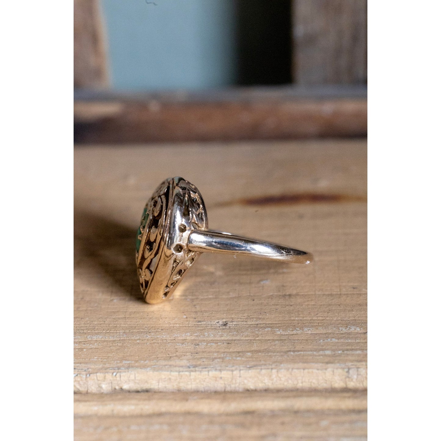 Vintage 14K Yellow Gold Open Work Heart Natural Emerald Ring