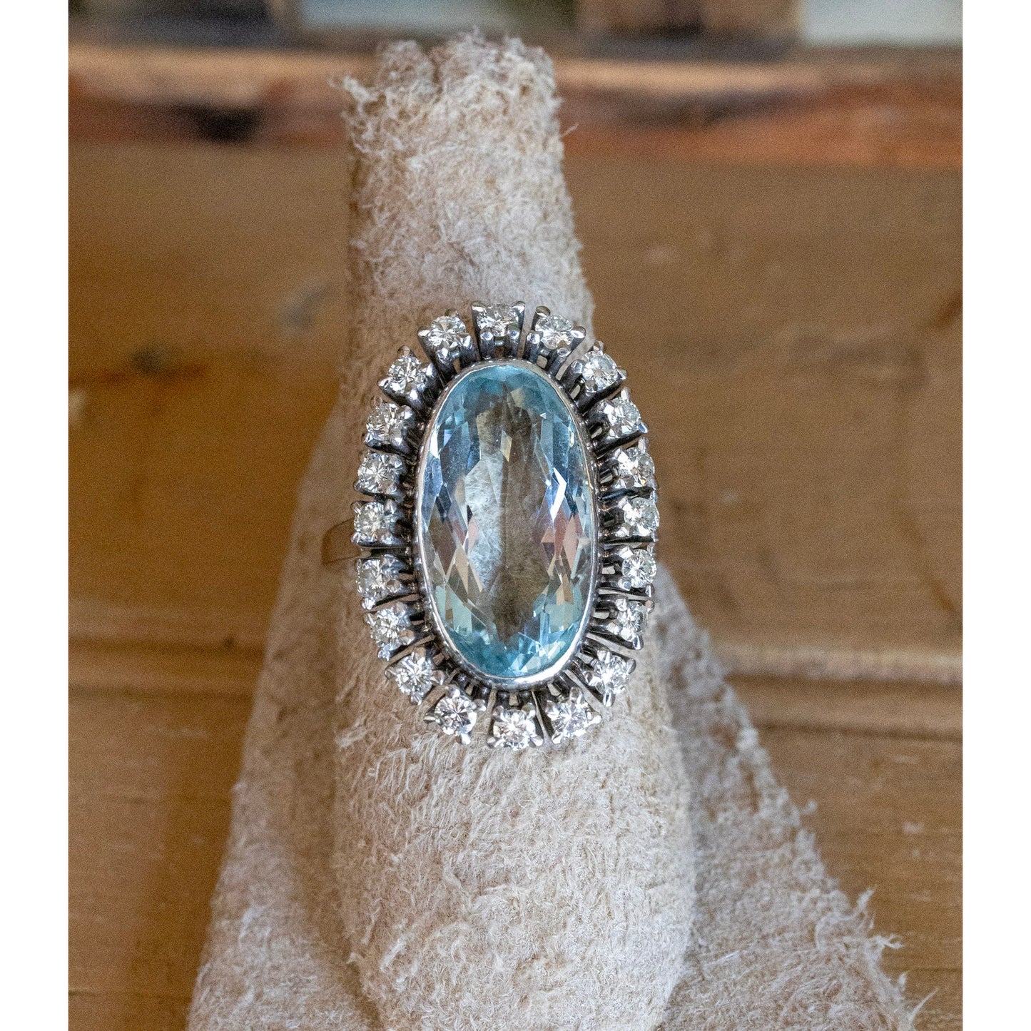 Vintage 1950's 18K White Gold Mid-Century Oval Cut Aquamarine and Natural Diamond Halo Ring