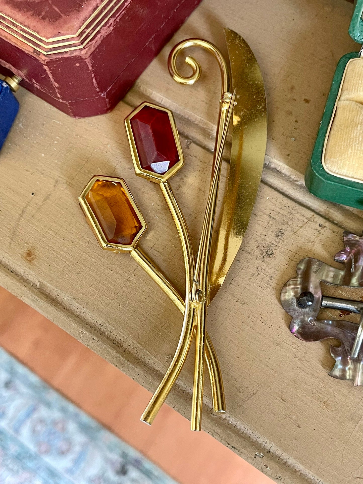 Mid-Century Red and Citrine Glass Fashion Brooch -Huge