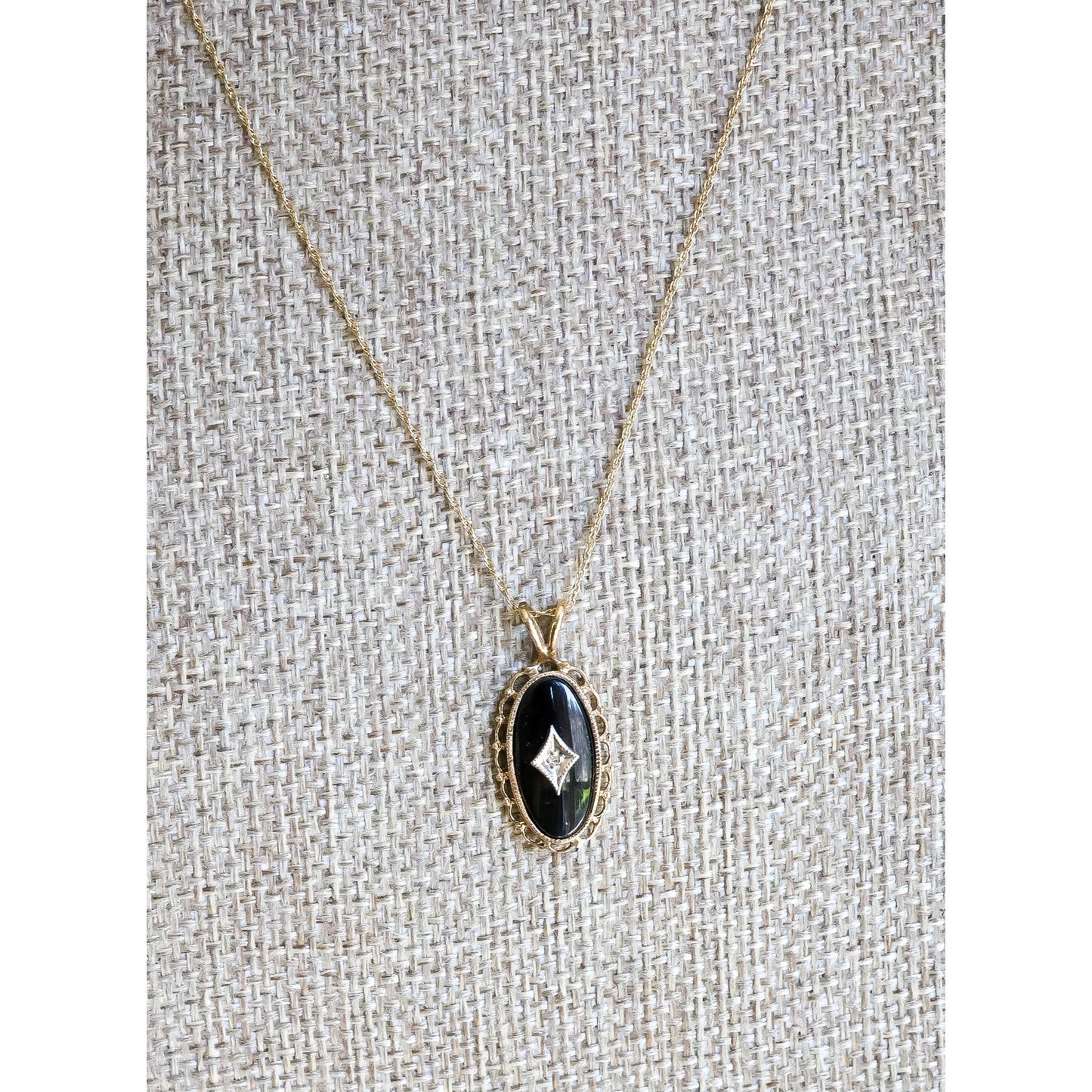 Vintage Late Art Deco 10K Yellow Gold Chain and 10K Yellow Gold Onyx and Diamond Pendant