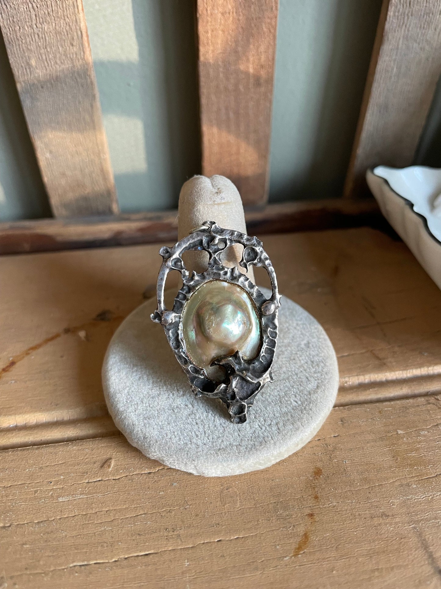 Antique Art Nouveau Arts and Crafts Blister Pearl In Sterling Silver Pendant with Engraving