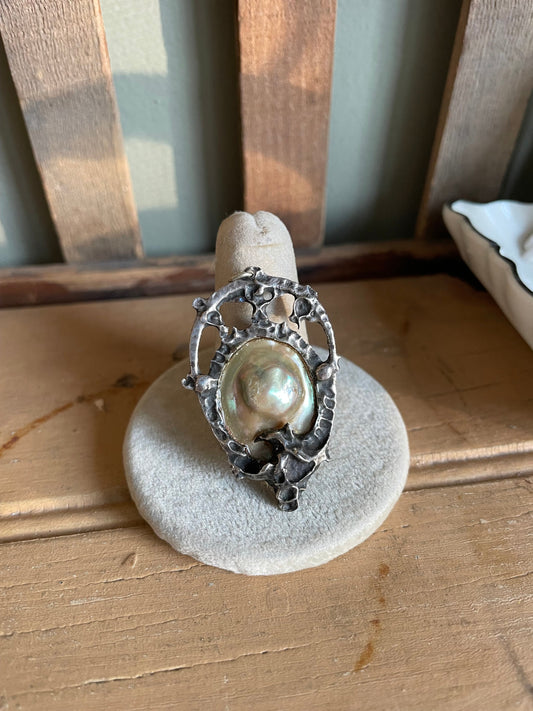 Antique Art Nouveau Arts and Crafts Blister Pearl In Sterling Silver Pendant with Engraving