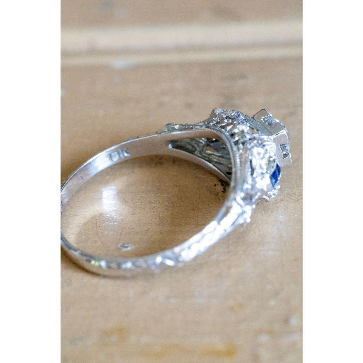 1930-1940 18K White Gold Round Old European Cut Natural Diamond and Synethic Sapphire Authentic Art Deco Ring