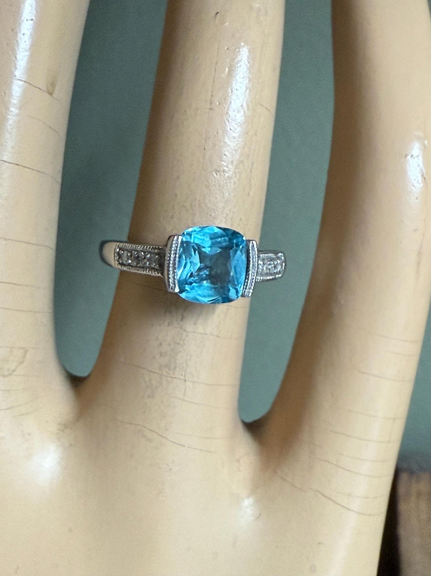 Vintage 10K White Gold Cushion Cut Blue Topaz and Diamond Ring