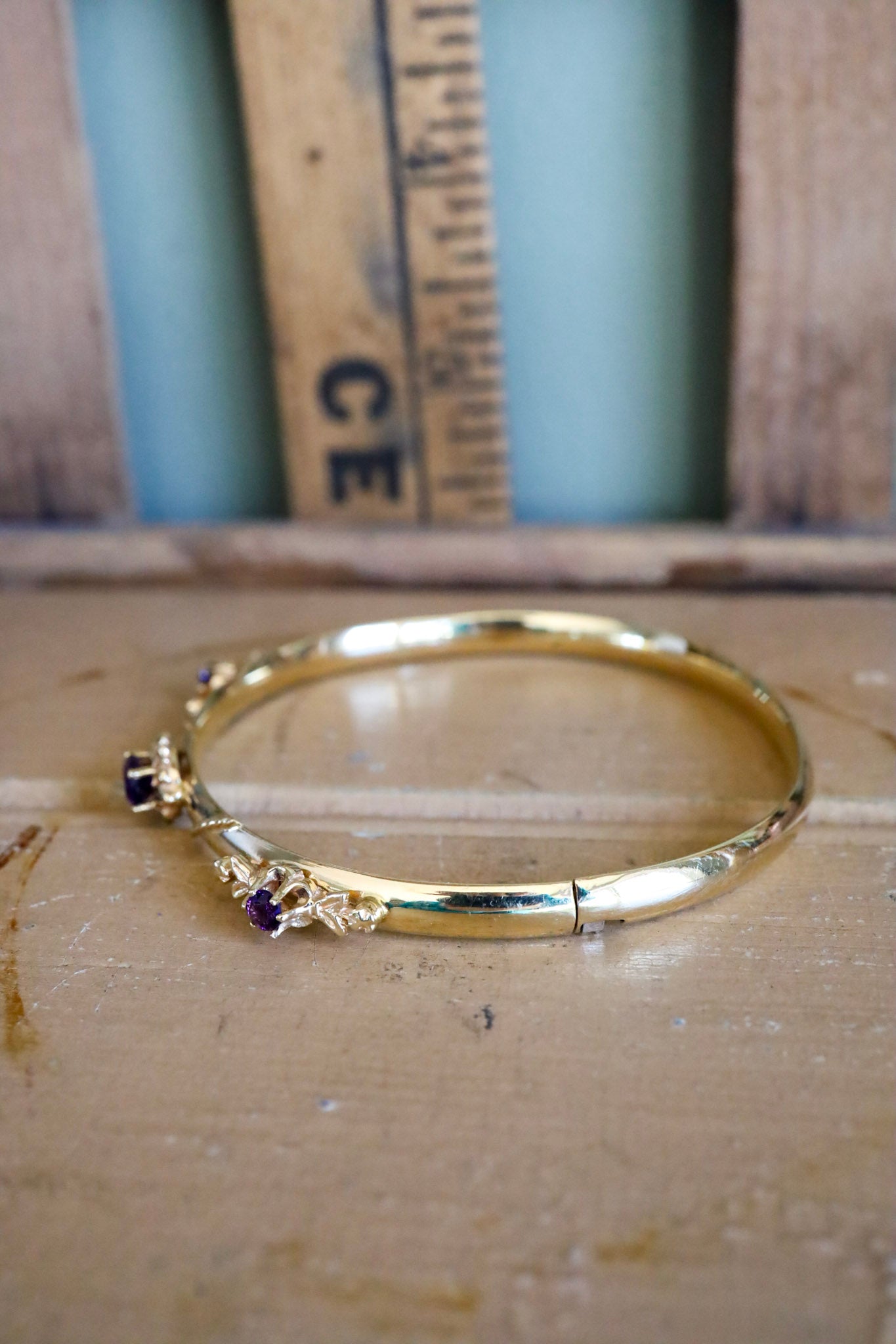 14K Yellow Gold Victorian Revival Amethyst Bracelet Bangle