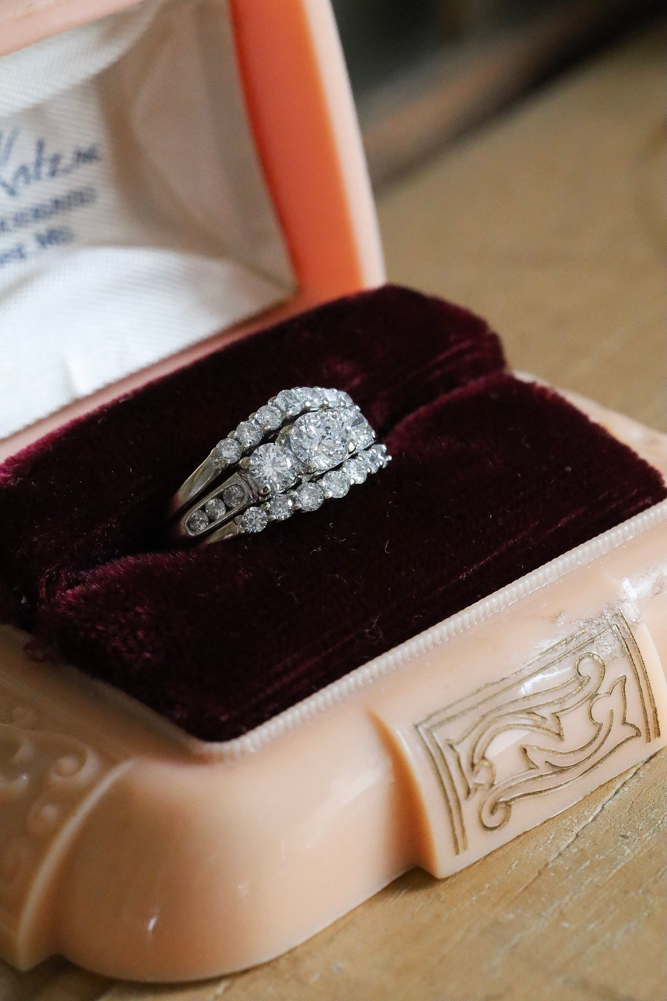 A 14K White Gold Past, Present, Future Natural Diamond Ring with Two Diamond Bands