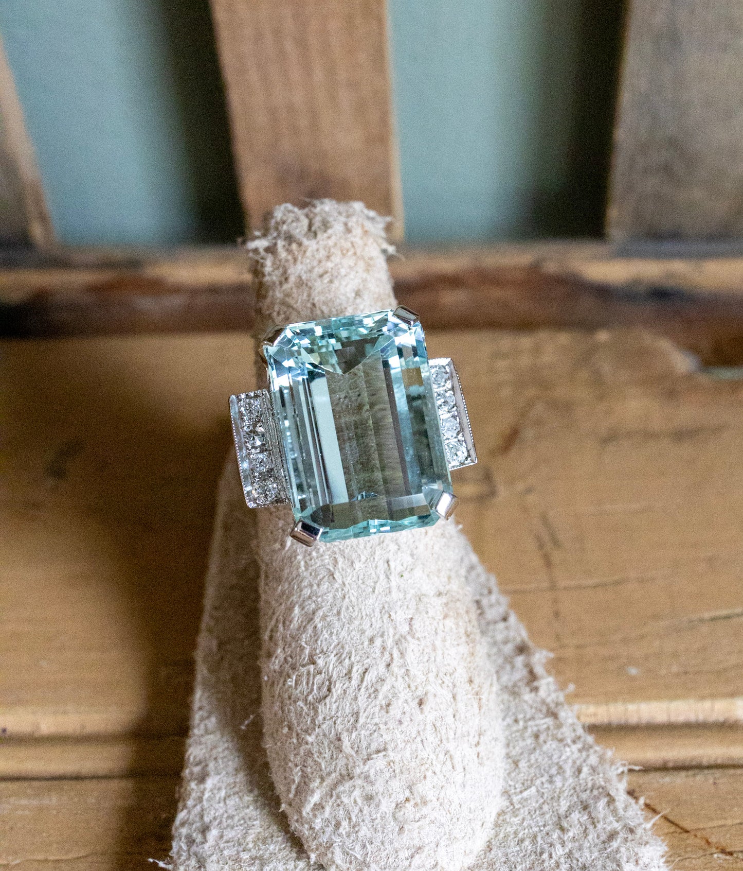 Mid Century Bold 14K White Gold 23 Ct Emerald Cut Aquamarine and Diamond Cocktail Ring