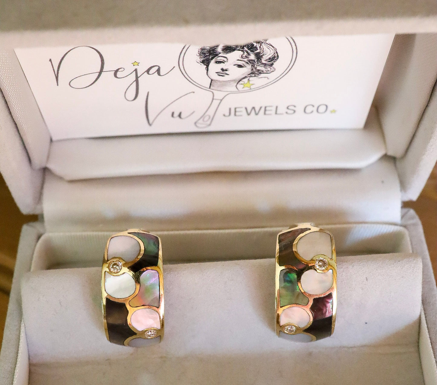 Designer Asch Grossbardt Inlay 18K Yellow Gold Half Hoop Earrings