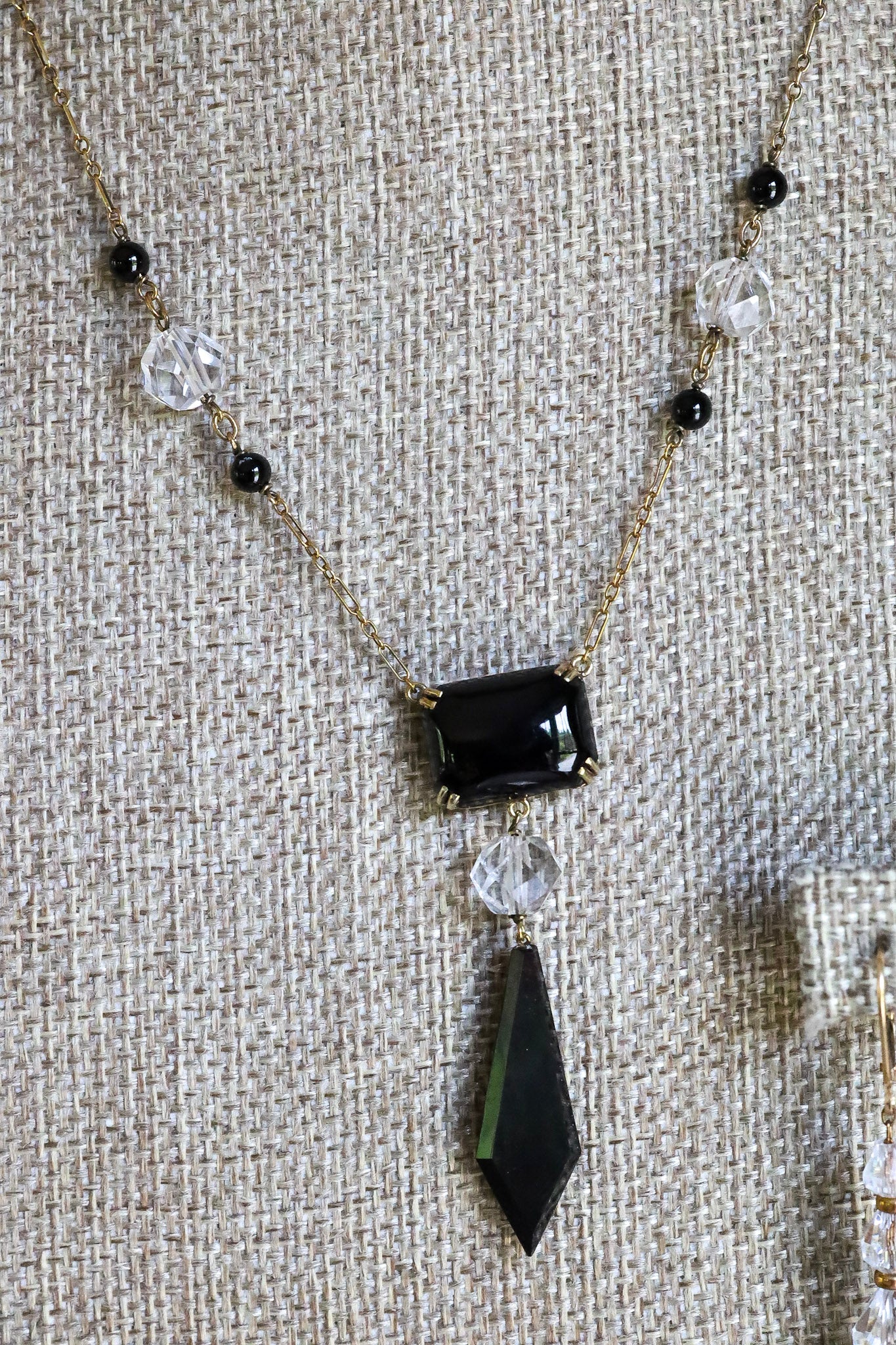 c1940 14K Yellow Gold Onyx and Crystal Necklace and Earrings