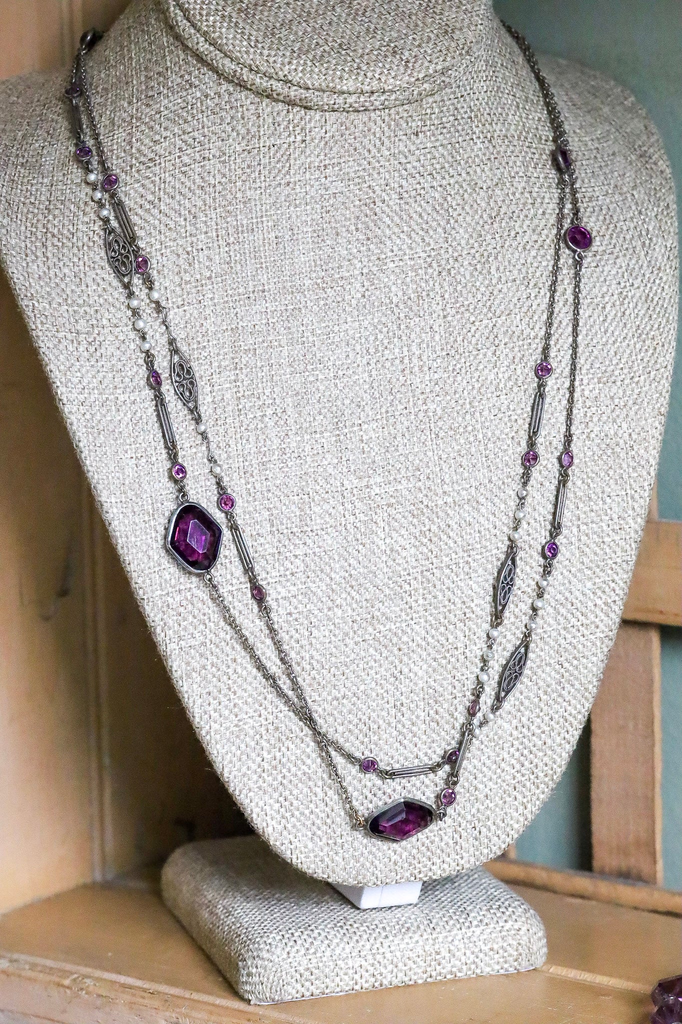 c1900 Antique Long Watch Chain with Glass Amethyst and Pearls