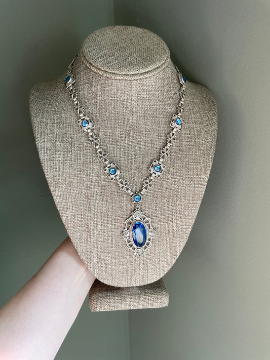 Czechoslovakian Early Art Deco Faceted Blue Glass Decorative Chain Necklace