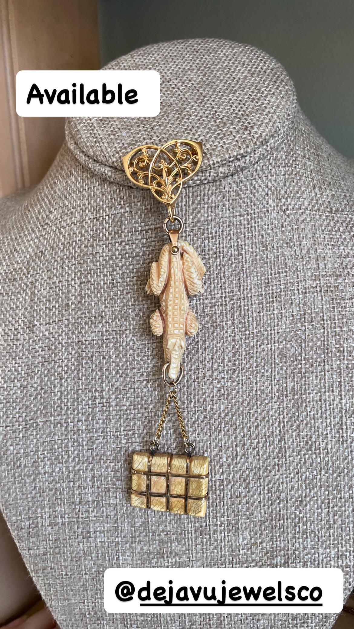 Antique Trio of Victorian Alligator Watch Fob, Suitcase and Edwardian Pocket Watch Brooch