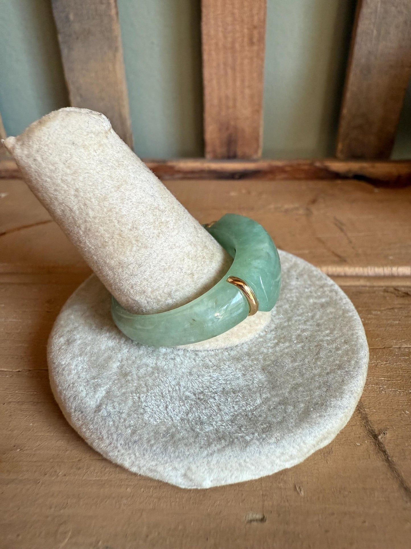 Vintage Solid Green Jade Ring with 14K Accents Size 11