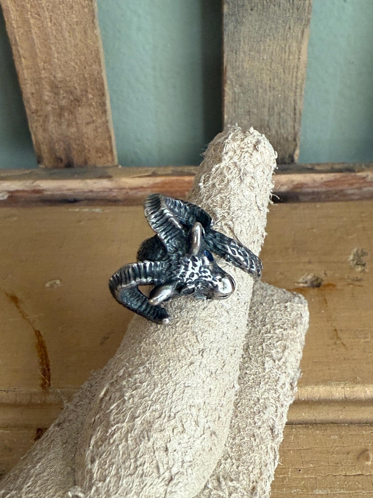 Vintage Solid Sterling Silver Ram Ring with Blue Eyes 1960-1970