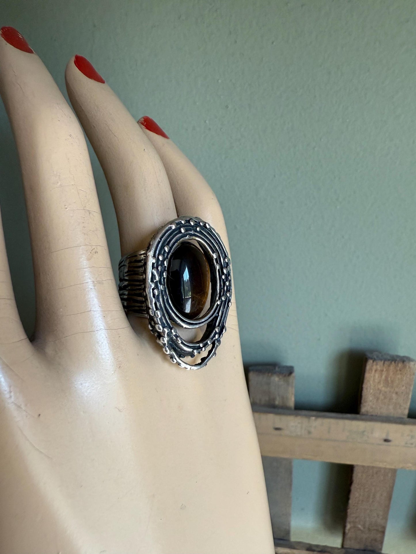 1960-1970 Sterling Silver Artist Made One of a Kind Tiger's Eye Ring
