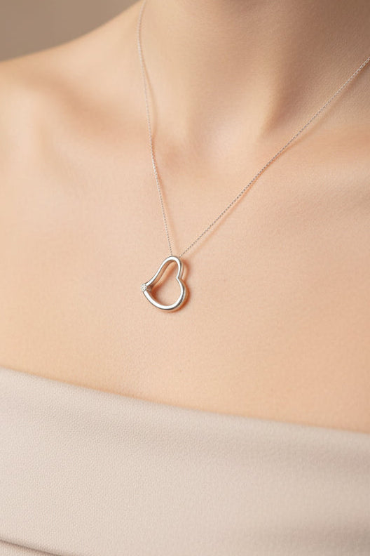 14K White Gold Open Heart Pendant with Natural Round Brilliant Cut Diamond on 14K Gold Chain