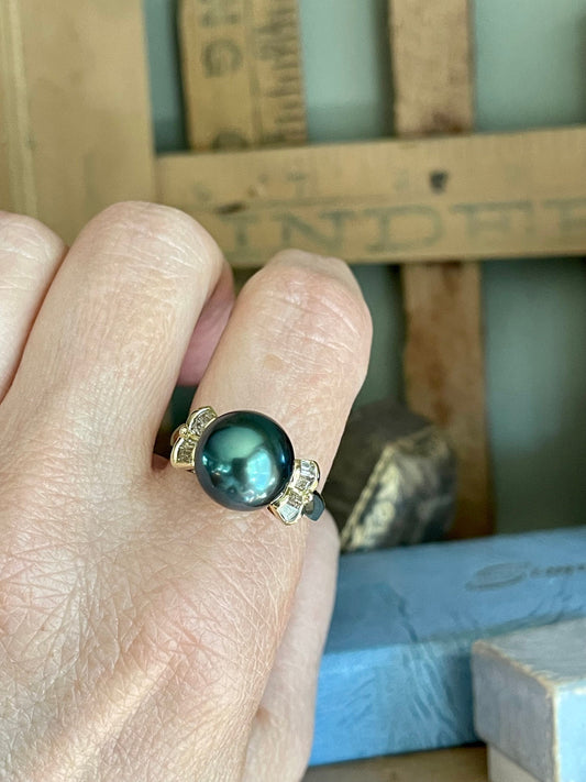 14K Yellow Gold 11mm Tahitian Pearl & Baguette Cut Diamond Ring