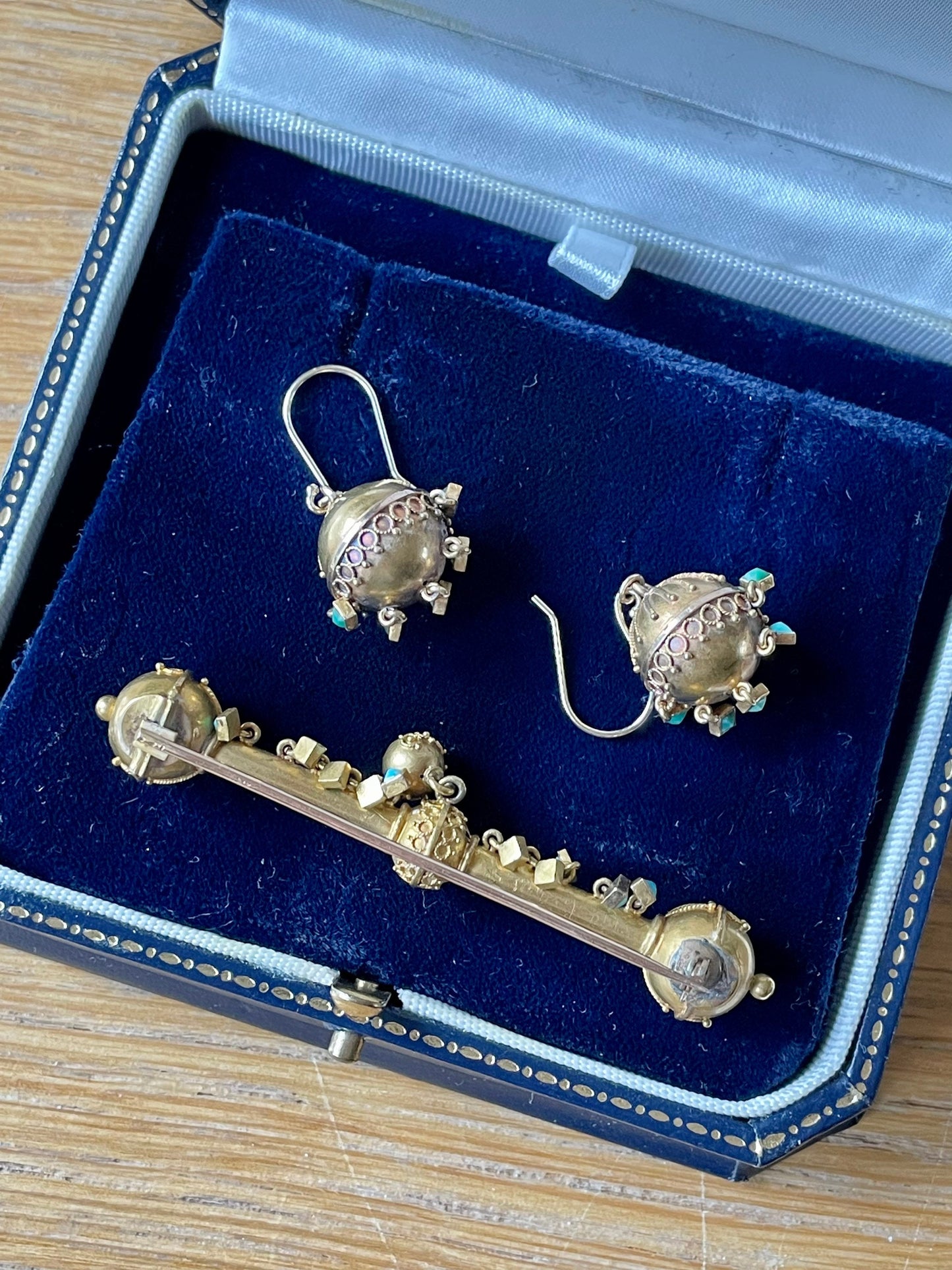 c1880 Demi Parure Victorian 14K Yellow Gold Turquoise Earrings and Brooch