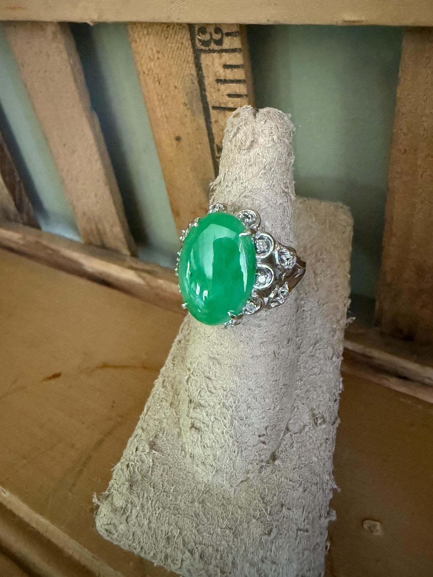 A GIA Certified Natural 8 Carat Plus Jadeite Jade Set in 14K White Gold Diamond Ring