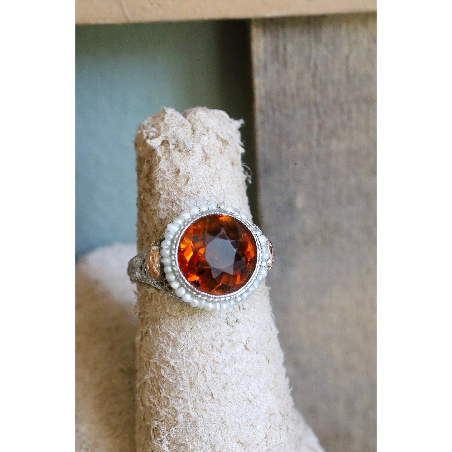 c1930 Art Deco 14K White, Rose, Green Gold Filigree Maderia Citrine and Seed Pearl Ring
