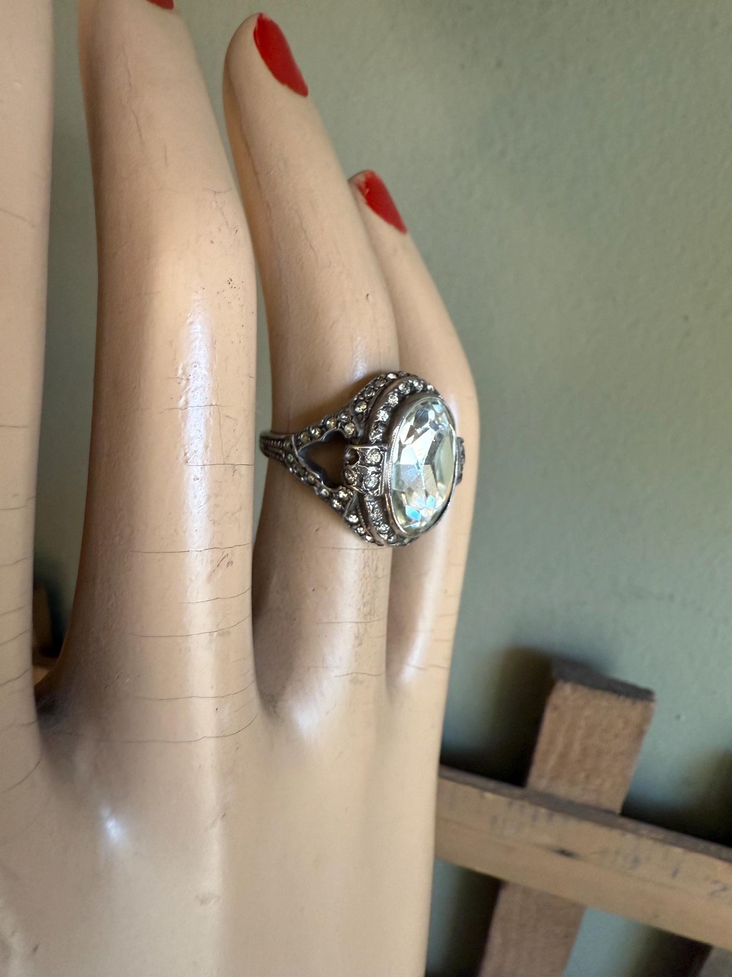 Art Deco Sterling Silver Oval Crystal Ring c1930